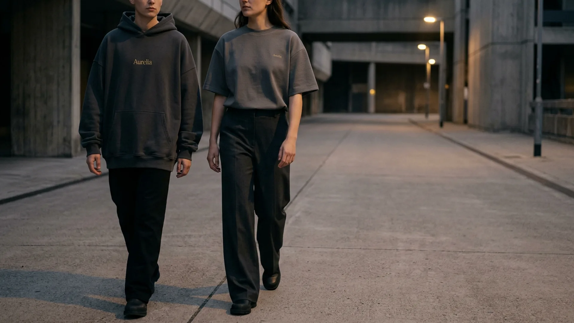 Two people in an urban setting wearing Aurelia streetwear